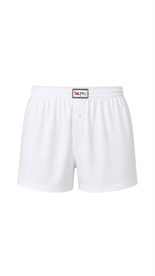 Bol Kesim Düğmeli Pamuk Boxer / Beyaz